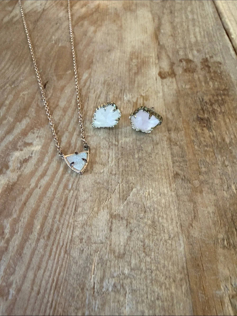 Kendra Scott Rose Gold Triangle Druzy Necklace with White Druzy Studs